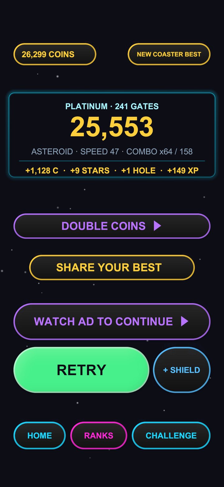 The run card showing a new Roller Coaster best of 25,553 and a platinum medal