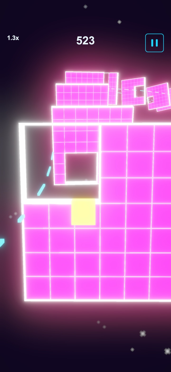 Steering the ship through a gap in a glowing neon wall mid-run