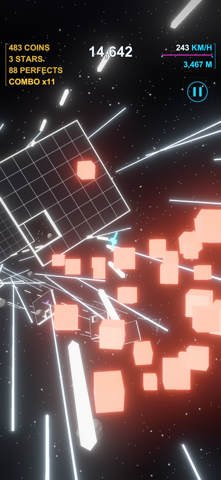 The wall breaking into red cubes as the ship punches through it