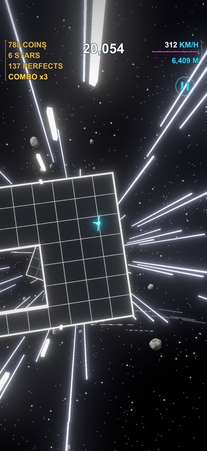 The ship at 312 km/h with speed streaks and a neon wall rushing in